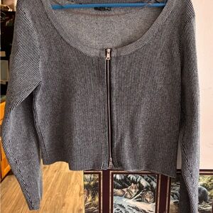 wild fable Gray Ribbed Zip-Front Cardigan Sweater